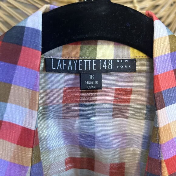 Lafayette NY128 Checkered Silk Blend Faux Wrap Blouse Size 16 - Picture 2 of 6